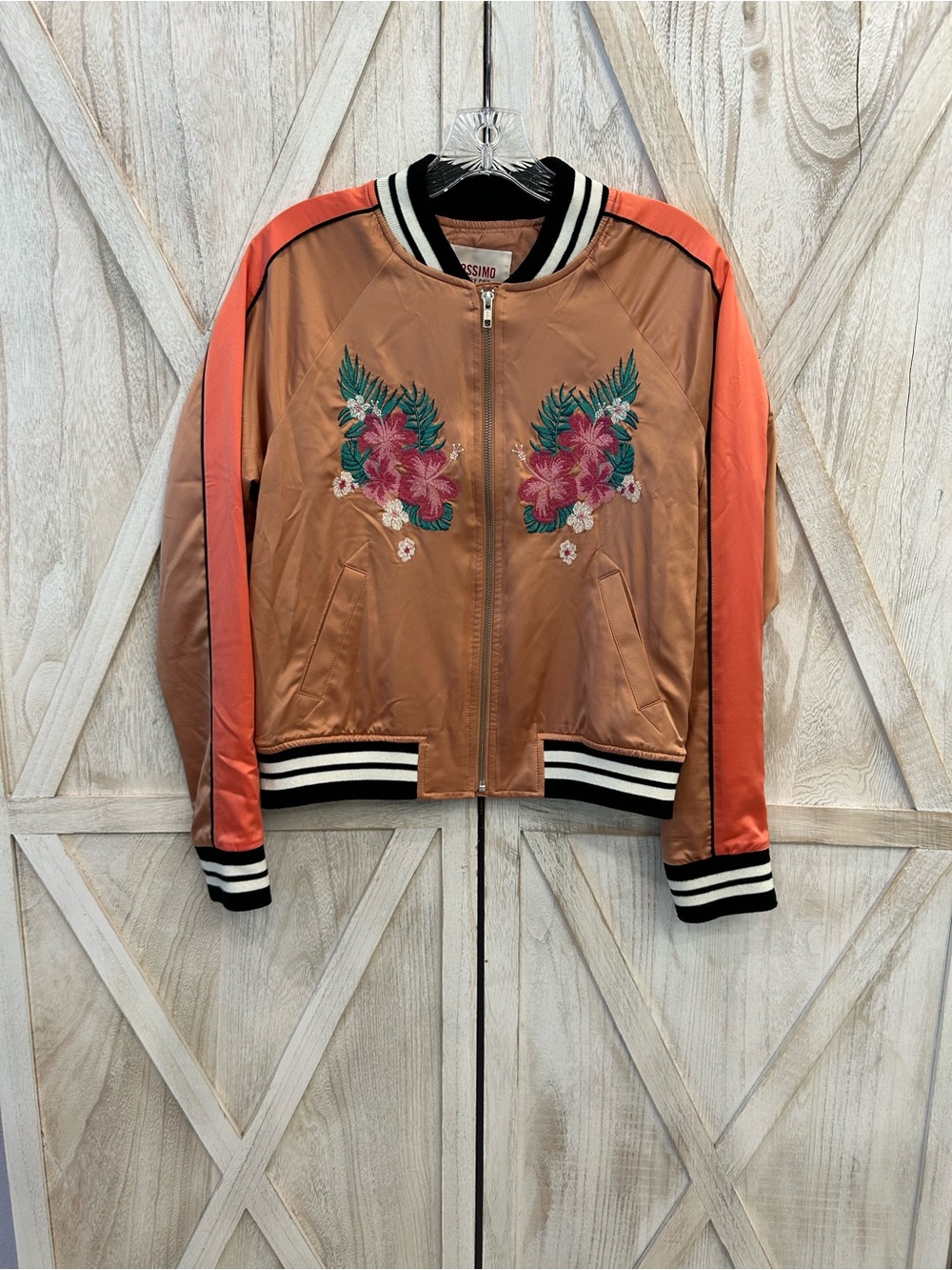 Mossimo Supply Co. Tan and Coral Floral Embroidered Bomber Jacket